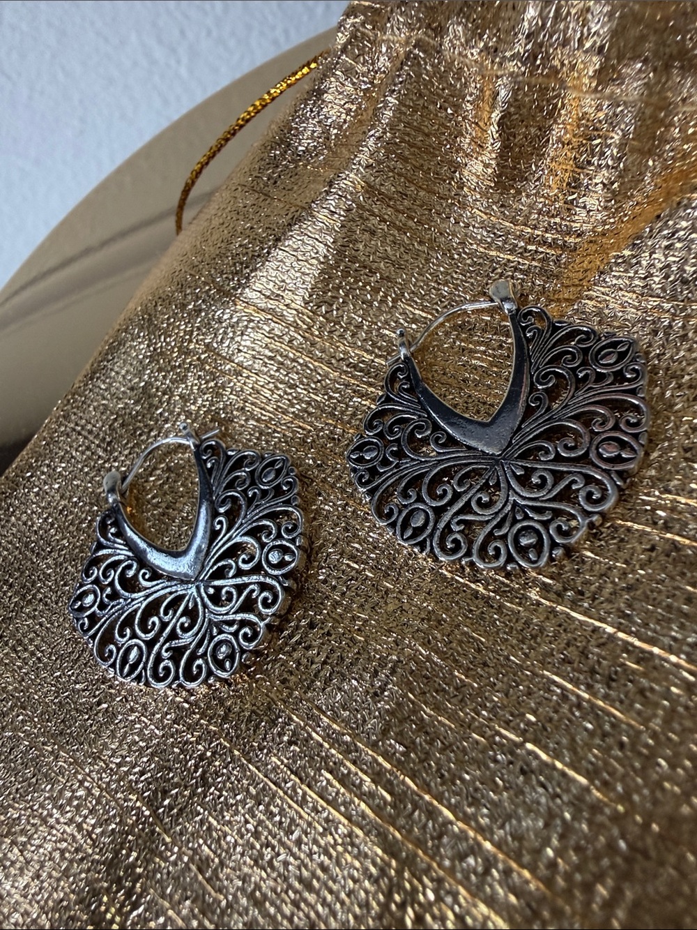 Ornate Scrollwork Hoop Earrings - Antique Silver